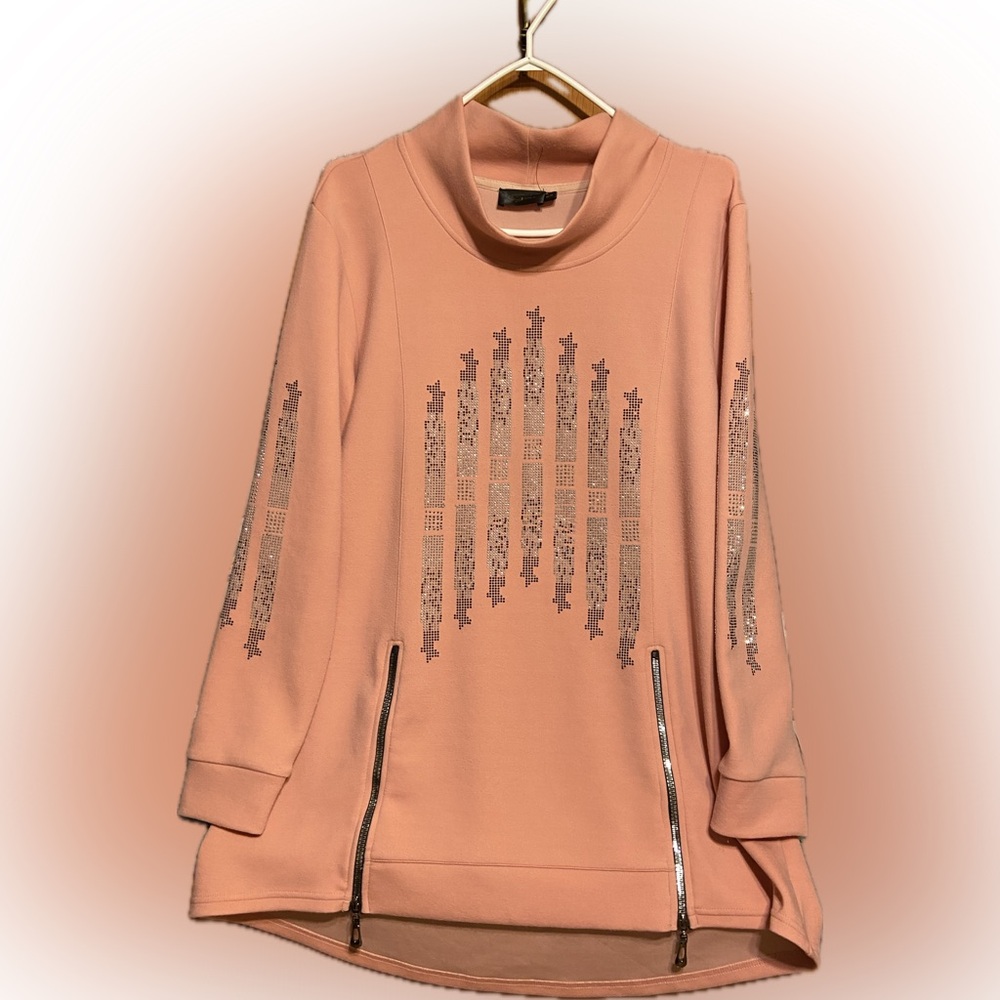 Goa pink cowl neck pull over tunic sweatshirt with silver & black sparkle gems